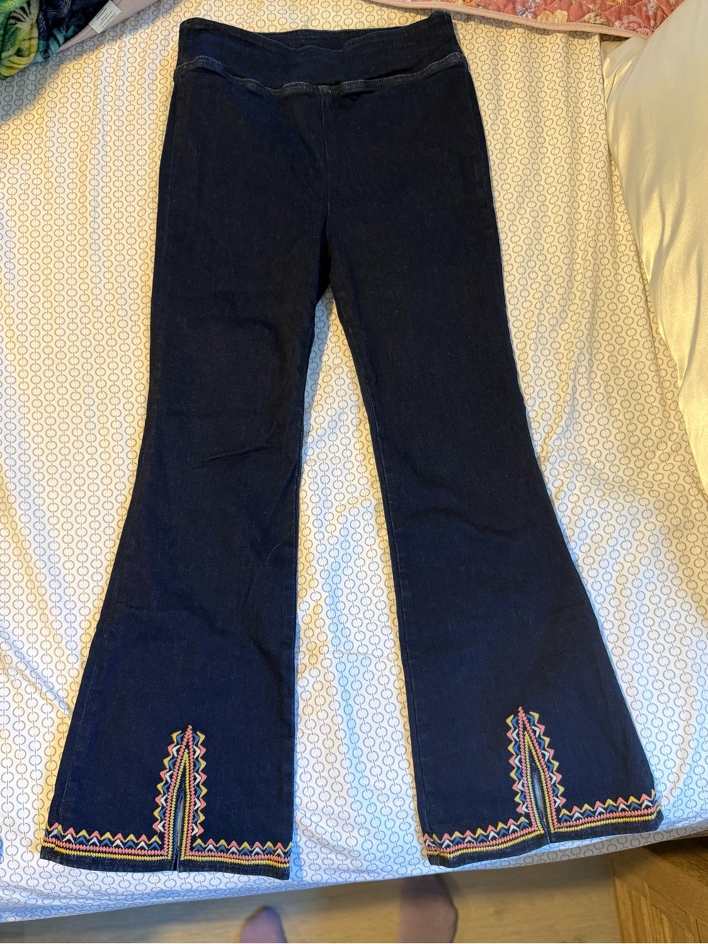 Johnny Was Dark Blue Embroidered Flare Jeans